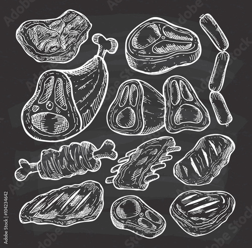 Set of meat in doodle style on chalkboard background