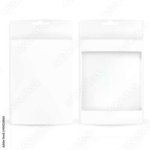 VECTOR PACKAGING: Set of white gray product packaging box with hanging hole, one box with front window on isolated white background. Mock-up template ready for design