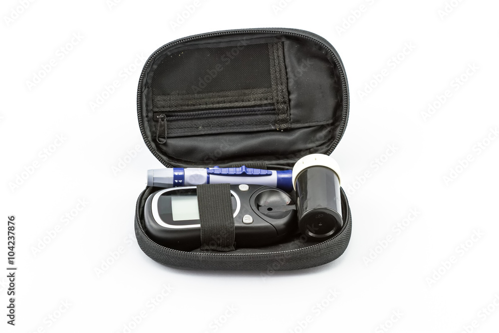 blood glucose meter, the blood sugar value is measured on a finger isolate on white background blood glucose meter, the blood sugar value is measured on a finger isolate on white background