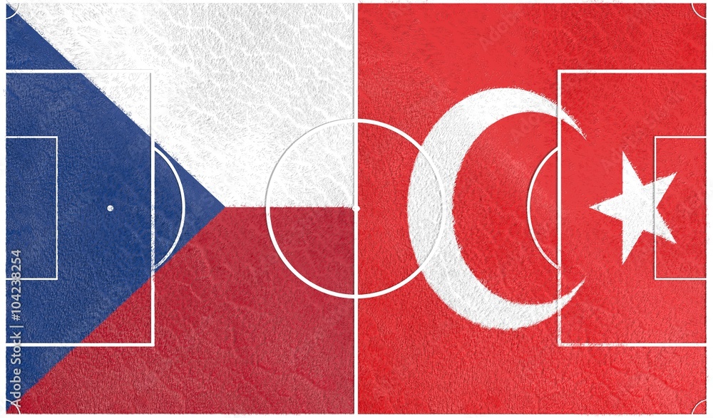 Flags of  European countries participating to the final tournament of Euro 2016 football championship. Football field textured by Czech and Turkey national flags.