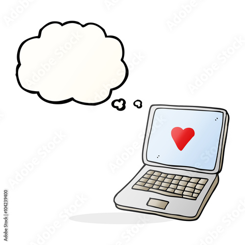 thought bubble cartoon laptop computer with heart symbol on scre