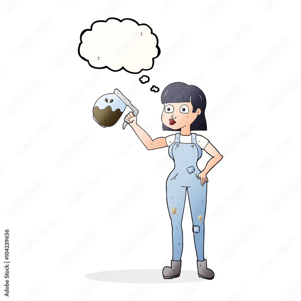 thought bubble cartoon woman in dungarees with coffee thought bubble cartoon woman in dungarees with coffee