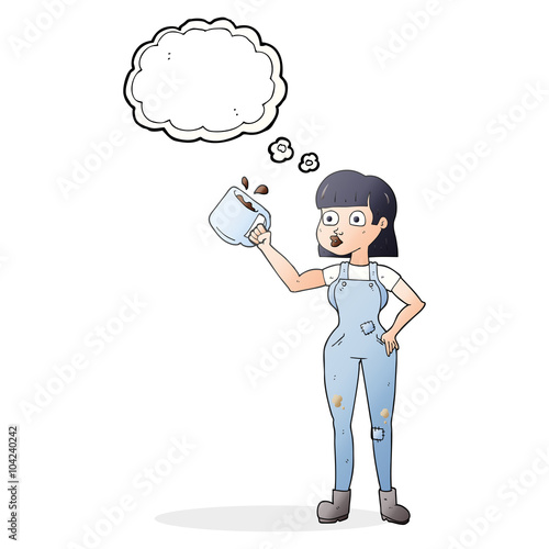 thought bubble cartoon female worker with coffee mug