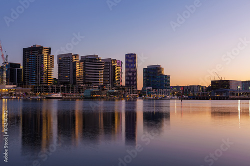 Docklands, Melbourne residential buildings and Yarra waterfront at dawn © Greg Brave