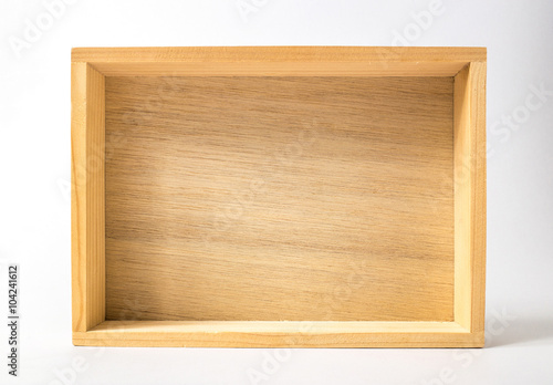 Wooden box on white background, front view