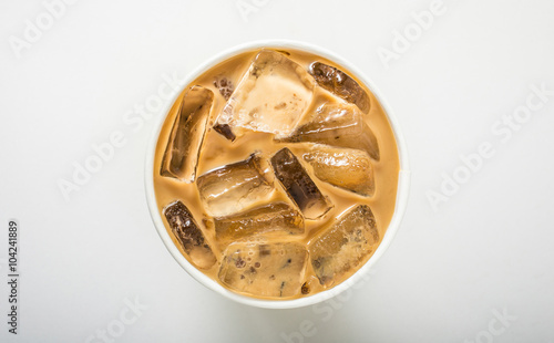 Ice coffee on white, top view