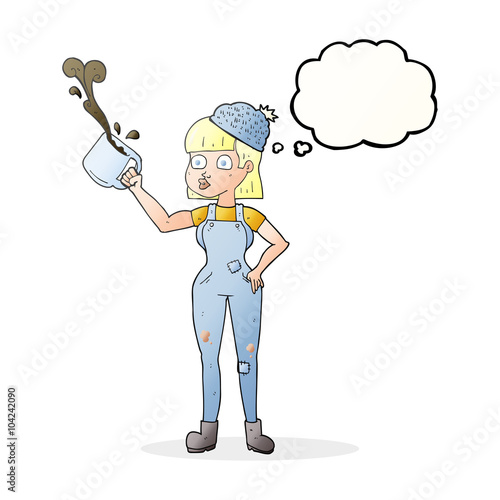 thought bubble cartoon female worker with coffee mug