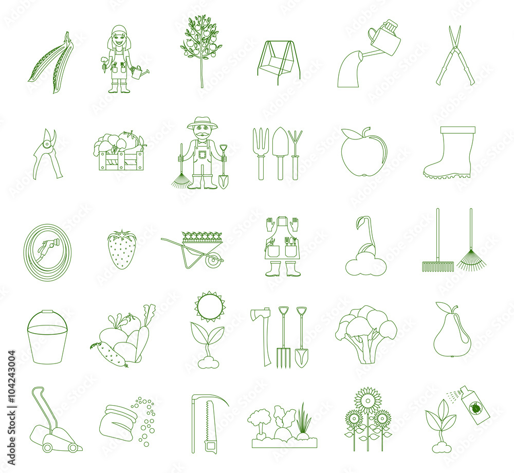 Gardening work, farming icon set. Flat style design Gardening work, farming icon set. Flat style design