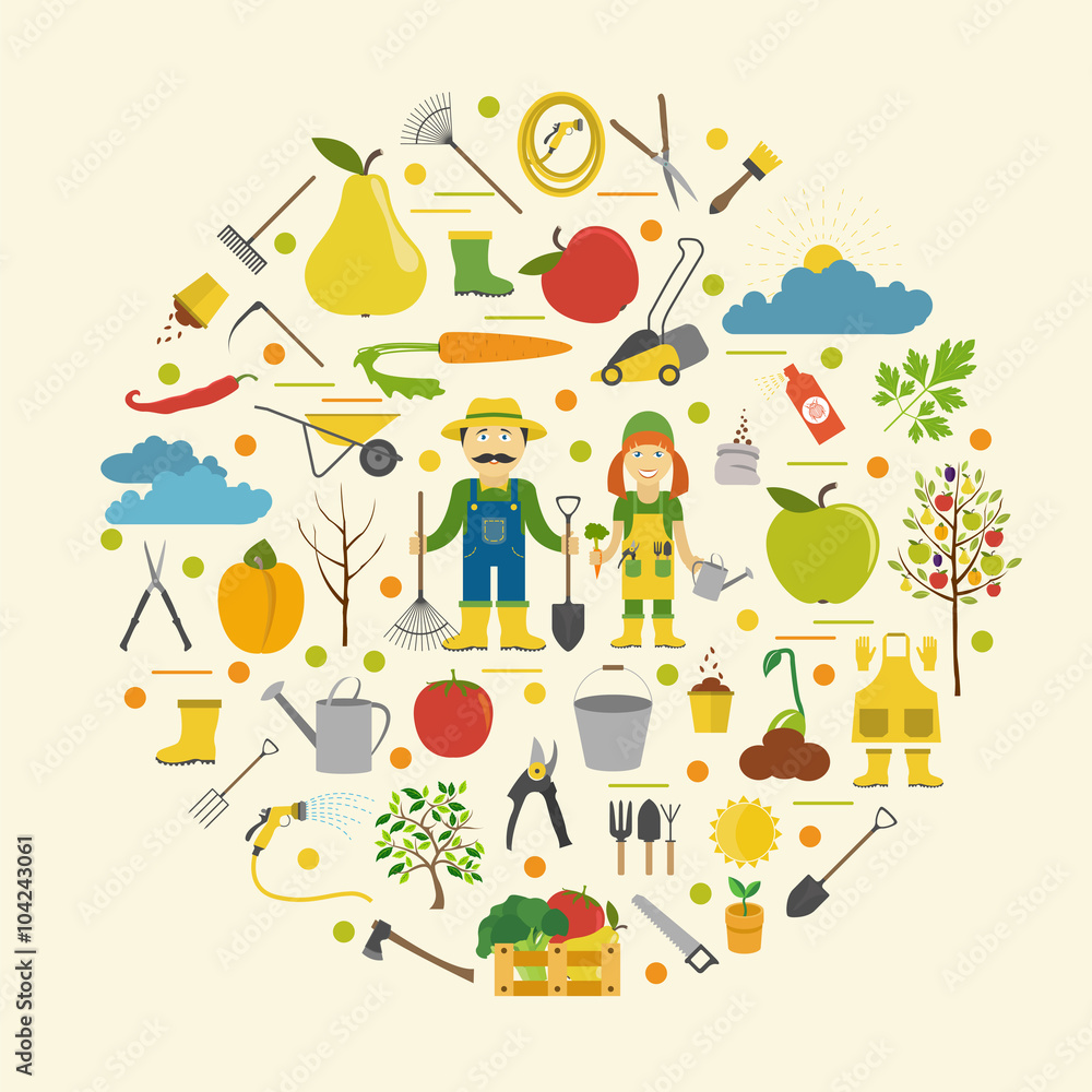 Gardening work, farming infographic. Graphic template. Flat styl Gardening work, farming infographic. Graphic template. Flat styl
