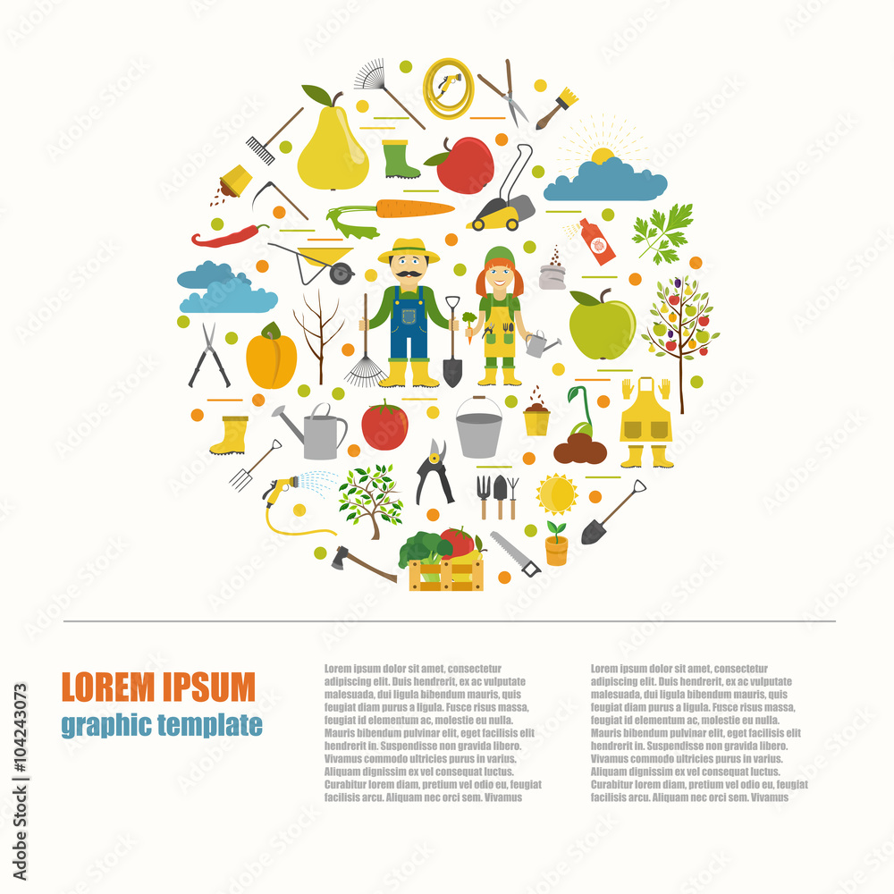Gardening work, farming infographic. Graphic template. Flat styl Gardening work, farming infographic. Graphic template. Flat styl