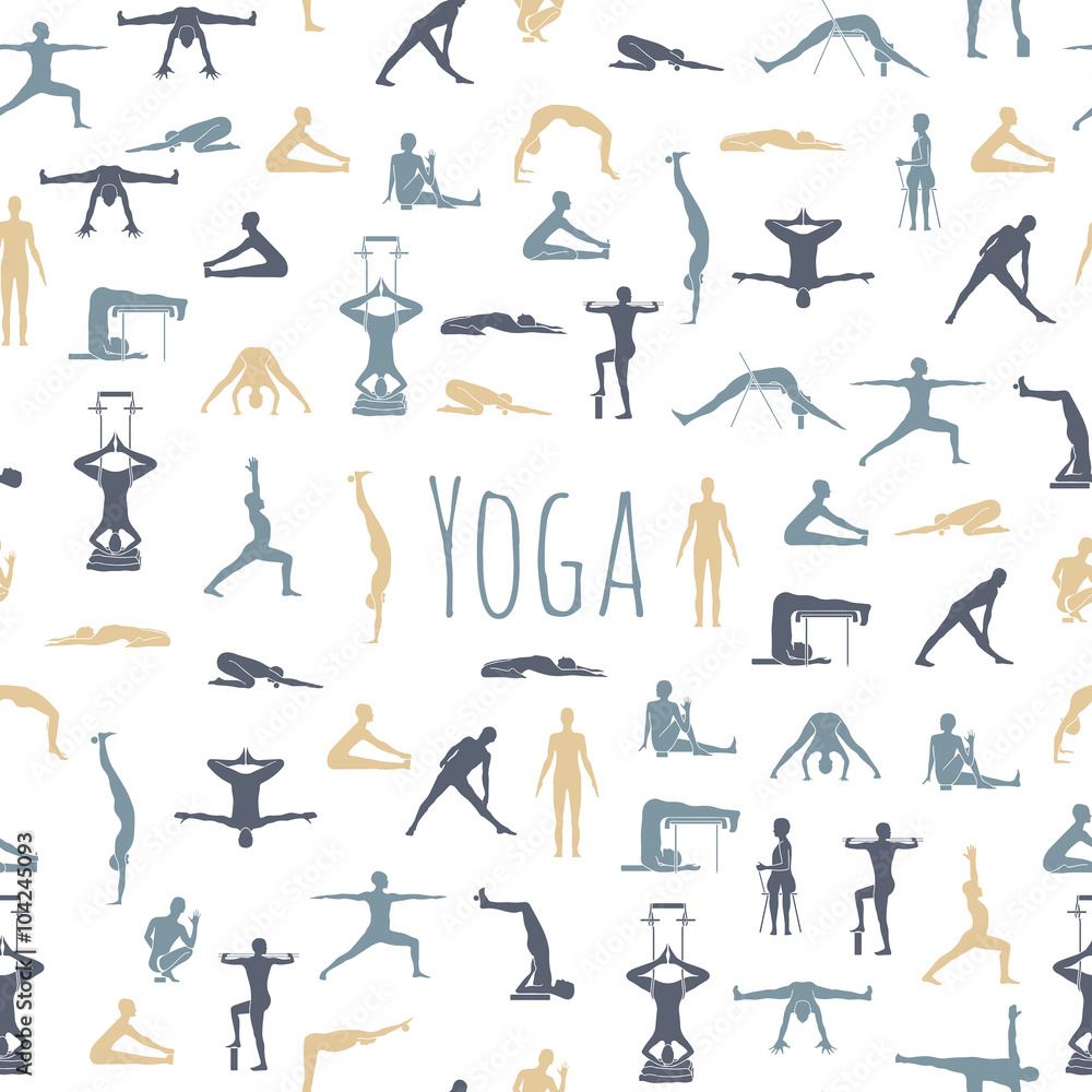 Yoga poses with props in vector. Seamless pattern.