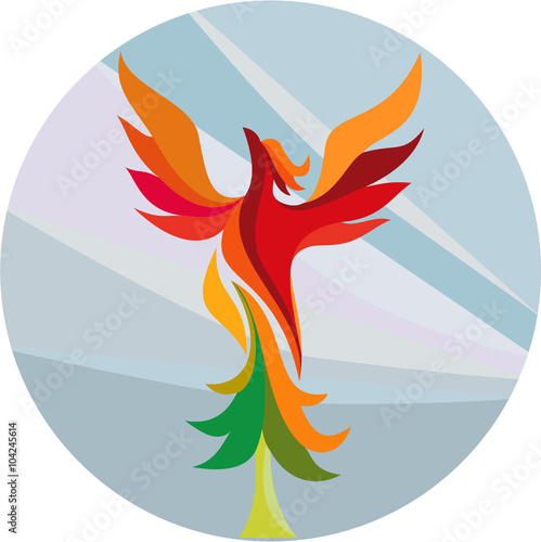 Phoenix Rising Burning Tree Circle Retro