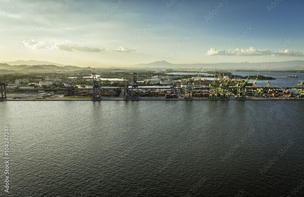 Aerial view of the industrial area with cranes by the ocean, Rio de Janeiro