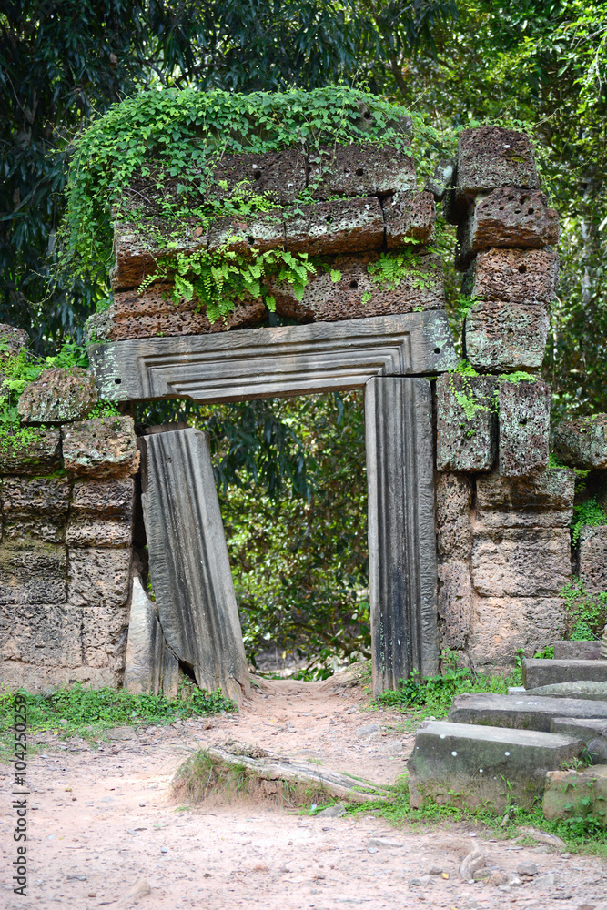  Ancient stone door , Ta Prohm temple ruins, Angkor, Cambodia