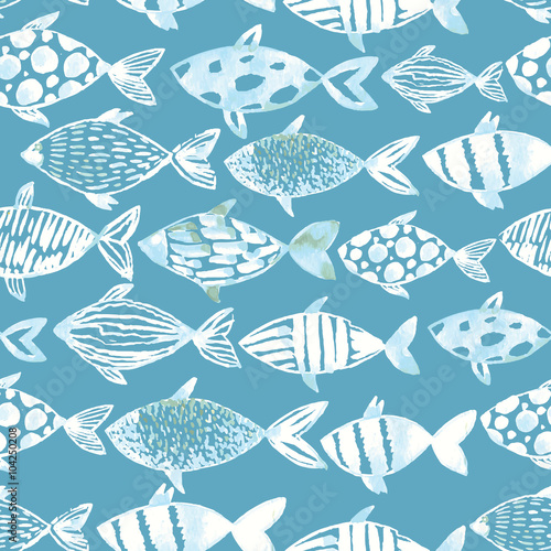 Light watercolor white fishes on the blue background.