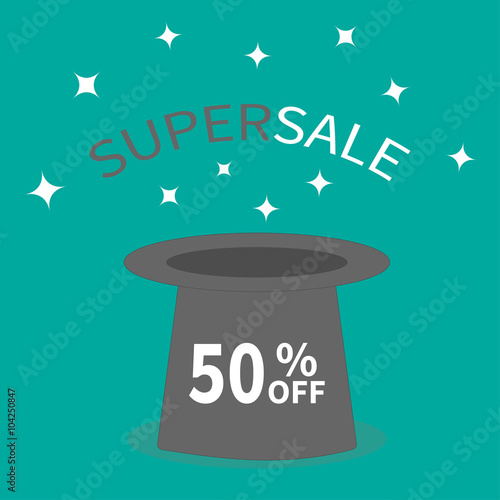 Magic hat. 50 percent off. Supersale tag. Sale background. Big sale. Special offer. White sparkle stars. Flat design. photo