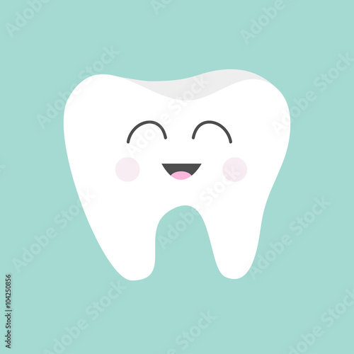 Tooth icon.  Cute funny cartoon smiling character. Children teeth care. Oral dental hygiene. Tooth health. Baby background. Flat design.