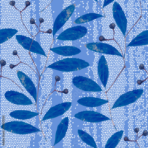 Seamless  pattern with  abstract blue branches of the herbarium
