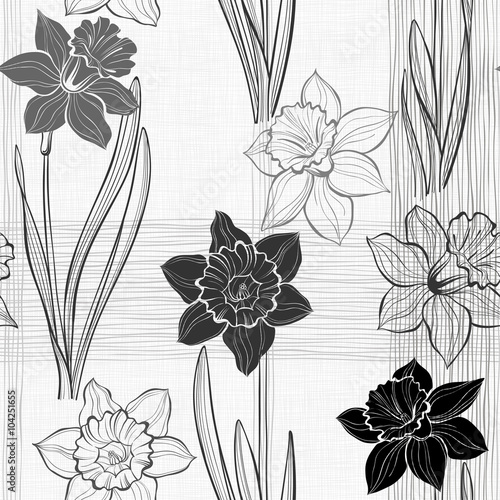 Fototapeta Naklejka Na Ścianę i Meble -  Seamless pattern with daffodils. Hand-drawn  monochrome vector illustration.