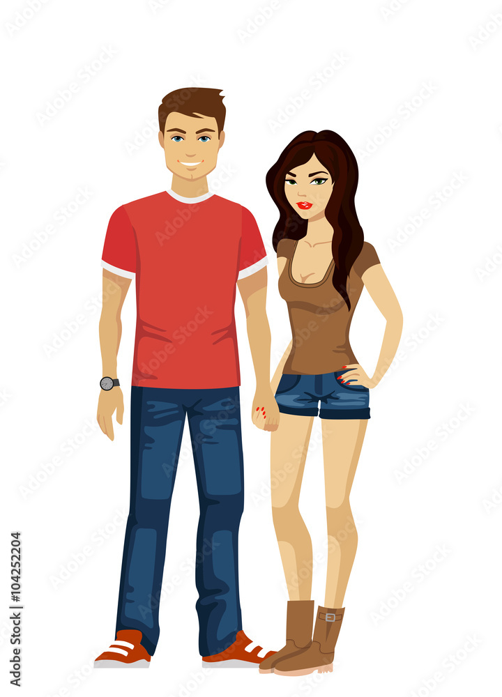 Guy and girl students in modern simple casual clothes isolated.