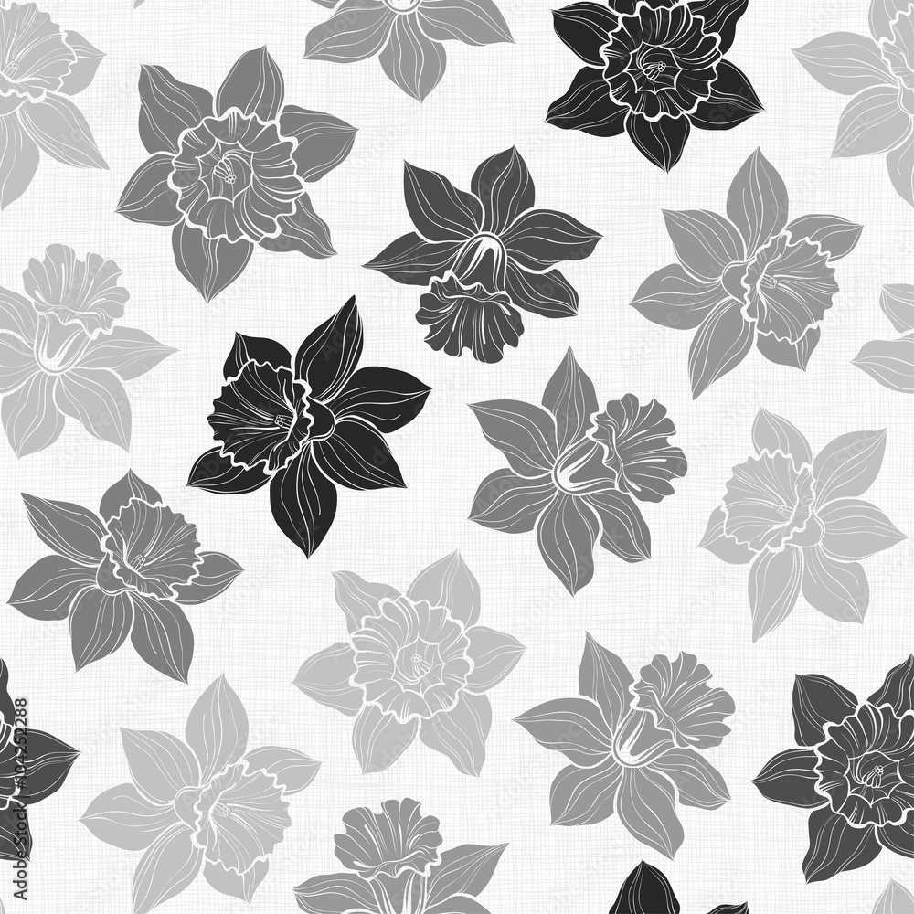 Seamless pattern with daffodils. Hand-drawn  monochrome vector illustration.