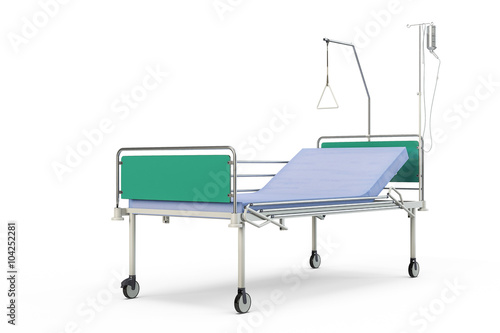 Blue and chrome mobile hospital bed with recliner, 3d illustration, isolated against a white background