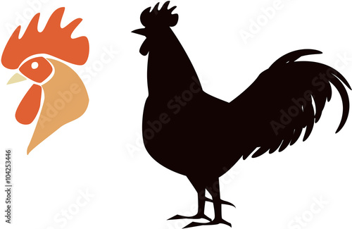 Set: rooster head and the silhouette of the cock in full growth