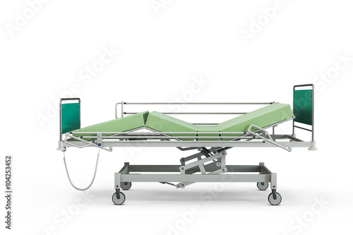 Green hospital bed with recliner and side guards, 3D illustration, isolated against a white background