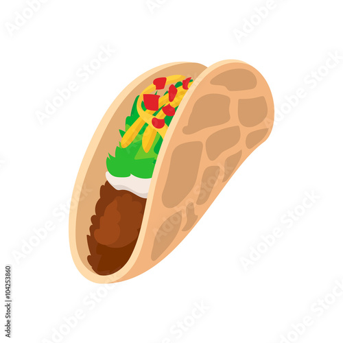 Tortilla wrap with meat and vegetables icon, cartoon style 