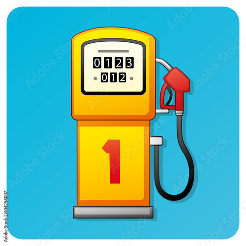 Yellow gasoline pump icon on a blue background.