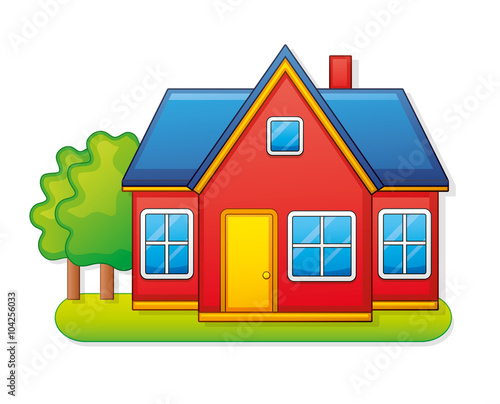 Red house with trees, home icon.