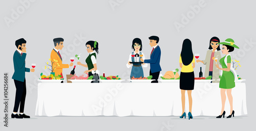 Men and women are celebrating a banquet with a gray background.