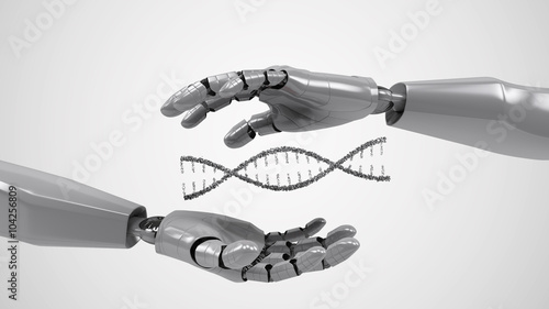 A robotic mechanical arm with DNA. Strong stylish futuristic design concept. Cybernetic organism with Artificial Intelligence.