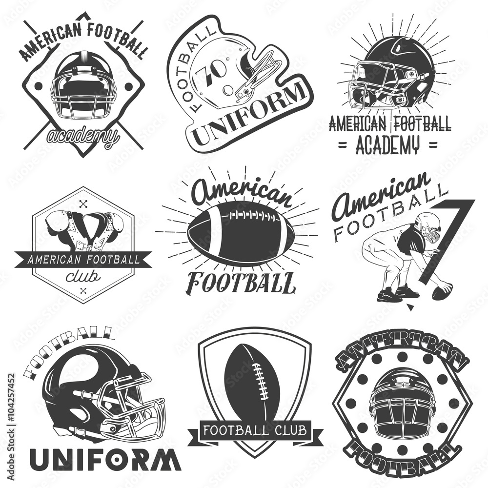 Vector set of rugby and american football labels in vintage style. Sport concept.