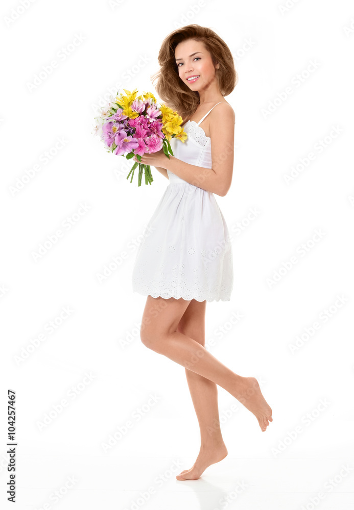 Woman with Spring Flower bouquet. Mother's Day. Springtime Woman with Spring Flower bouquet. Mother's Day. Springtime
