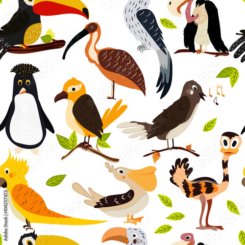 Cute bird design seamless texture. Cartoon-style. vector