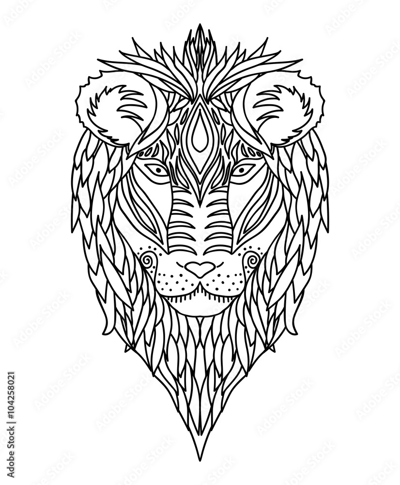 Obraz premium Black and white ornament of the face of the African wild king of beasts lion design ornamental lace. Page for adult coloring books. Hand drawn ink pattern. Vector