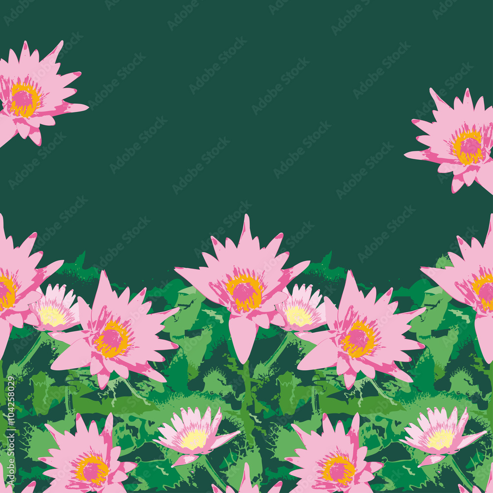 Background with pink lotus flowers and green leaves. vector