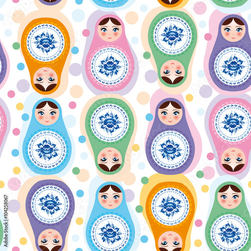 Seamless pattern Russian dolls. Blue, green, purple, pink. Vecto