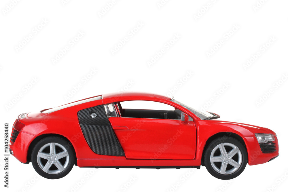beautiful modern red toy car isolated on white background