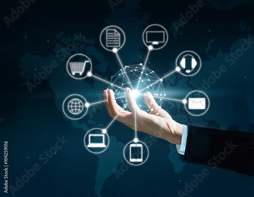 Obraz na płótnie Hands holding circle global network connection, Omni Channel