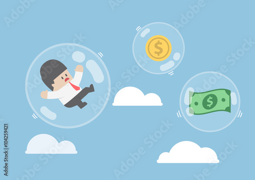 Businessman and dollar money floating in bubbles