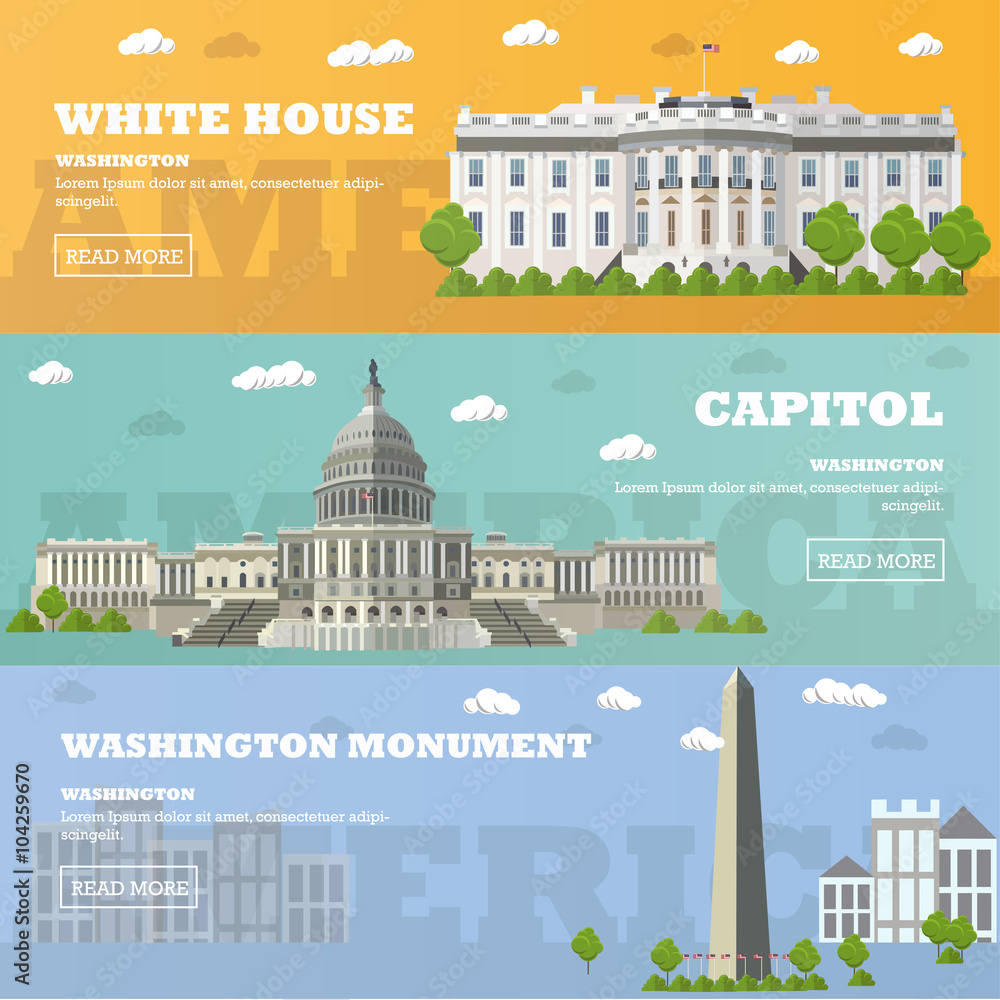Washington DC tourist landmark banners. Vector illustration. Capitol, White House.