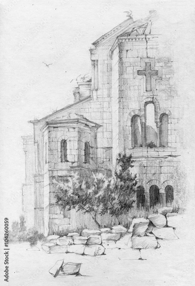 Hand drawn  View on the ruins of the St Vladimir's Cathedral, Sevastopol, Crimea, 1997 