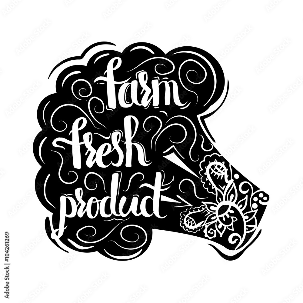 Creative typographic poster with the lettering on the black silhouette of vegetarian broccoli with handmade ornaments isolated on a white background with text farm fresh food. Vector