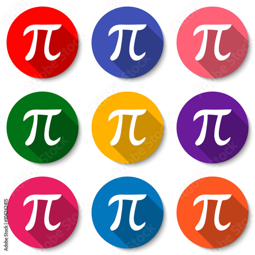 Set of colorful flat icons with Pi sign. Mathematical constant, irrational number, greek letter. Abstract vector illustration for a Pi Day.