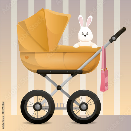 Baby pram with mom's bag and hare toy in it