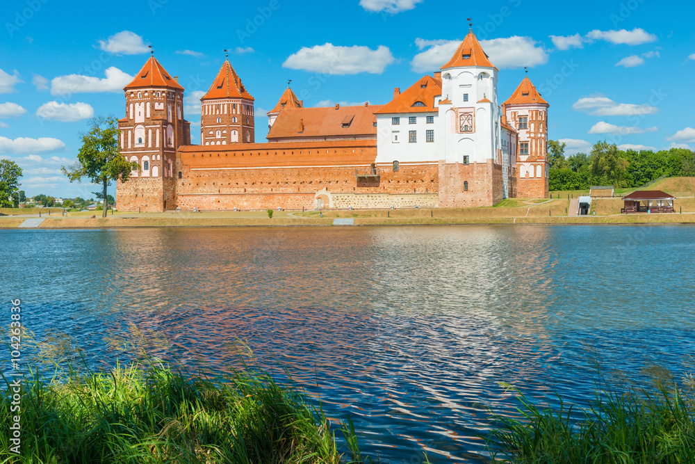 beautiful castle Mir and lake Mir, Belarus