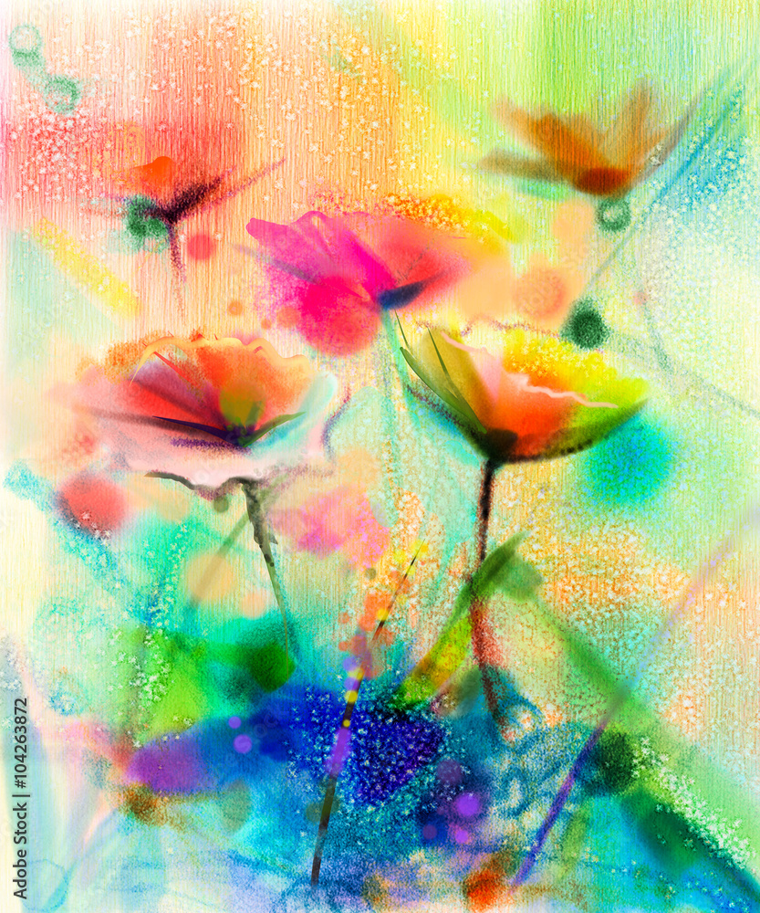 Naklejka premium Abstract flower watercolor painting. Hand paint White, Yellow, Pink and Red color of daisy- gerbera flowers in soft color on light yellow and green blue color background.Spring flower seasonal nature