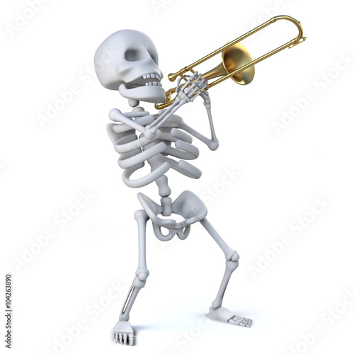 Obraz na plátně 3d Skeleton playing his trombone with verve